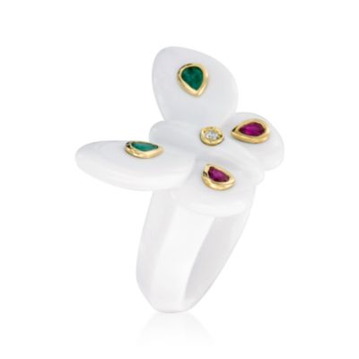 .30 ct. t.w. Emerald and .40 ct. t.w. Ruby Butterfly Ring With Diamond Accent in White Agate and 18kt Yellow Gold. Size 5 &mdash; Alt Image 2
