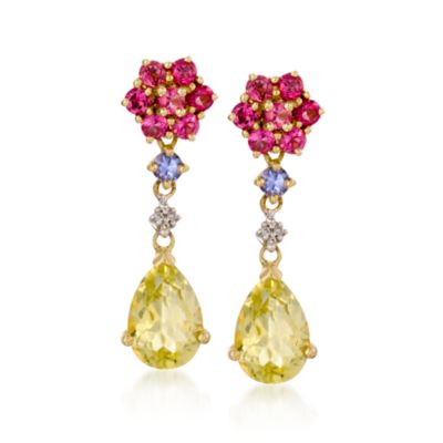 Pink Tourmaline and Lemon Quartz Drop Earrings With Iolite In 14kt Yellow Gold &mdash; Alt Image 1