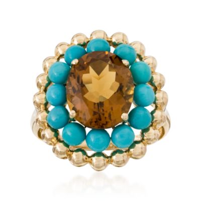 3.80 Carat Champagne Quartz and Turquoise Ring 14kt Yellow Gold &mdash; Alt Image 1