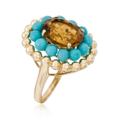 3.80 Carat Champagne Quartz and Turquoise Ring 14kt Yellow Gold &mdash; Alt Image 2