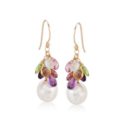 4.80 ct. t.w. Multi-Gem and 9-10mm Cultured Pearl Earrings in 14kt Yellow Gold &mdash; Alt Image 1