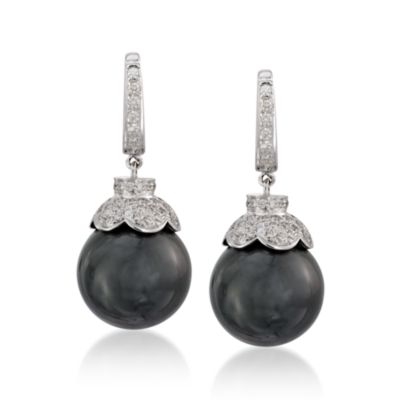 13-14mm Black Cultured Tahitian Pearl Earrings With .95 ct. t.w. Diamonds in 18kt White Gold &mdash; Alt Image 1