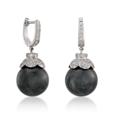 13-14mm Black Cultured Tahitian Pearl Earrings With .95 ct. t.w. Diamonds in 18kt White Gold &mdash; Alt Image 3