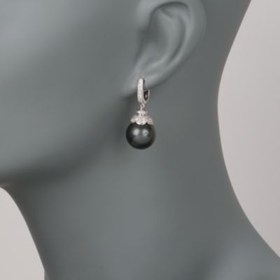 13-14mm Black Cultured Tahitian Pearl Earrings With .95 ct. t.w. Diamonds in 18kt White Gold &mdash; Alt Image 2