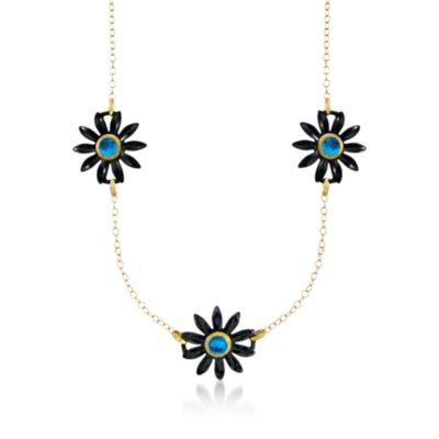 12.15 ct. t.w. Blue Topaz and .55 ct. t.w. Diamond Flower Necklace With Black Agate In 18kt Yellow Gold &mdash; Alt Image 1