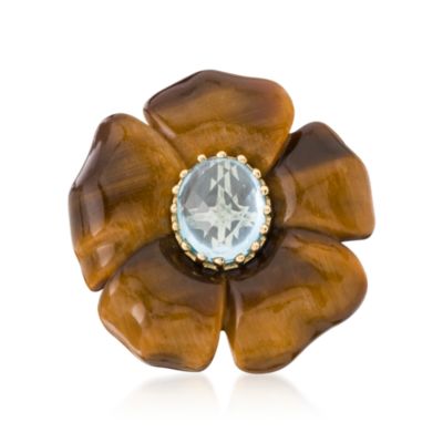 Tiger's Eye and 7.95 Carat Blue Topaz Flower Ring In 18kt Yellow Gold &mdash; Alt Image 1