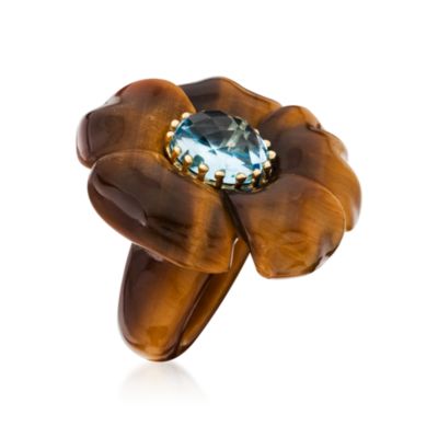 Tiger's Eye and 7.95 Carat Blue Topaz Flower Ring In 18kt Yellow Gold &mdash; Alt Image 2