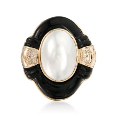 C. 1980 Vintage 18x13mm Cultured Mabe Pearl and Onyx Ring in 14kt Yellow Gold. Size 9.5 &mdash; Alt Image 1