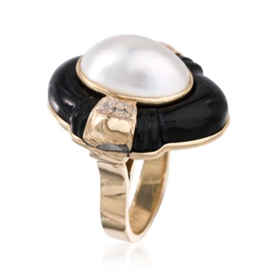 C. 1980 Vintage 18x13mm Cultured Mabe Pearl and Onyx Ring in 14kt Yellow Gold. Size 9.5 &mdash; Alt Image 2