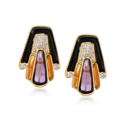 C.1980 Vintage 8.50 ct. t.w. Multi-Gem and .70 ct. t.w. Diamond Earrings With Onyx In 18kt Yellow Gold &mdash; Alt Image 1