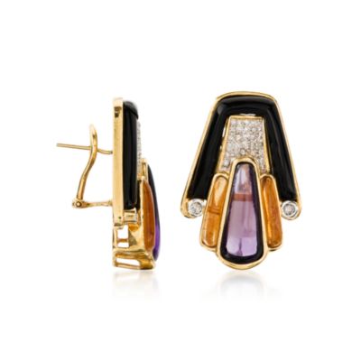 C.1980 Vintage 8.50 ct. t.w. Multi-Gem and .70 ct. t.w. Diamond Earrings With Onyx In 18kt Yellow Gold &mdash; Alt Image 2