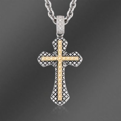 Andrea Candela "Regalo" Two-Tone 18kt Yellow Gold and Sterling Silver Cross Necklace With Diamond Accent. 17" &mdash; Alt Image 1