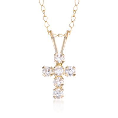 Child's .25 ct. t.w. CZ Cross Necklace in 14kt Yellow Gold. 15" &mdash; Alt Image 1