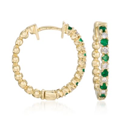 .20 ct. t.w. Emerald and .15 ct. t.w. Diamond Hoop Earrings in 14kt Yellow Gold &mdash; Alt Image 1