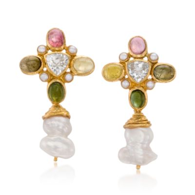 17.10 ct. t.w. Multi-Gem and Cultured Pearl Earrings In Vermeil &mdash; Alt Image 1