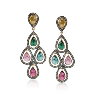 14.15 ct. t.w. Multicolored Tourmaline and 2.60 ct. t.w. Diamond Chandelier Earrings In Sterling Silver and 14kt Yellow Gold &mdash; Alt Image 1