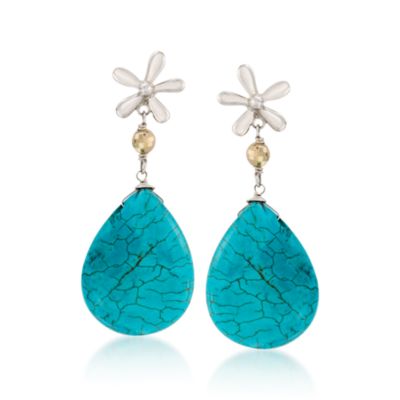 Turquoise Flower Earrings In Sterling Silver. Dangle Earrings &mdash; Alt Image 1
