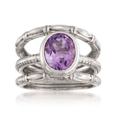 Set of Three Stacking Rings With Amethyst Solitaire In Sterling Silver &mdash; Alt Image 1