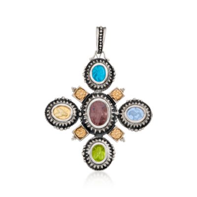 Tagliamonte Italian Venetian Glass Intaglio Pendant In Sterling Silver and 14kt Gold. Pendant &mdash; Alt Image 1