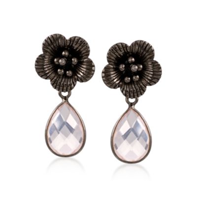 Rose Quartz Flower Earrings In Sterling Silver With Black Rhodium &mdash; Alt Image 1