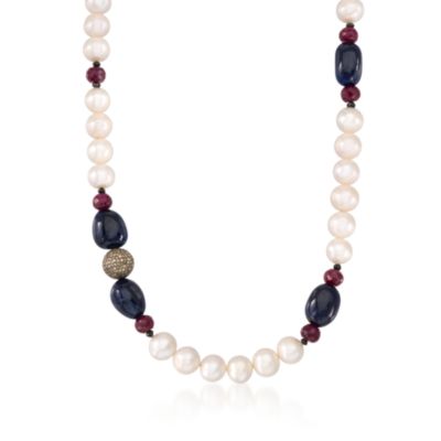 9-11mm Cultured Pearl Necklace With Pave Natural Diamonds and Multi-Gem Beads With 14kt Yellow Gold Clasp &mdash; Alt Image 1