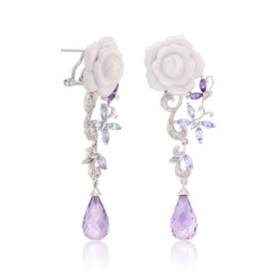 7.20 ct. t.w. Multi-Gem and White Agate Carved Rose Earrings In Sterling Silver &mdash; Alt Image 3