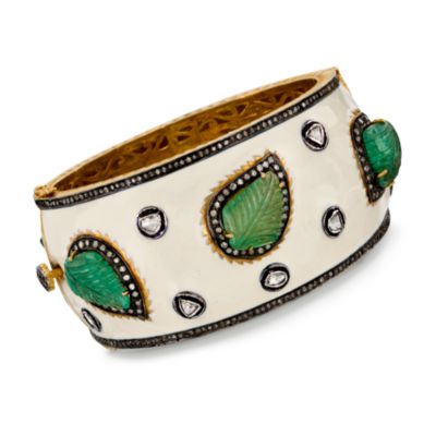 4.75 ct. t.w. Diamond and 23.00 ct. t.w. Carved Emerald Leaf Bangle Bracelet In Sterling Silver. 7" &mdash; Alt Image 1