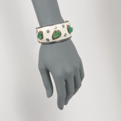 4.75 ct. t.w. Diamond and 23.00 ct. t.w. Carved Emerald Leaf Bangle Bracelet In Sterling Silver. 7" &mdash; Alt Image 2