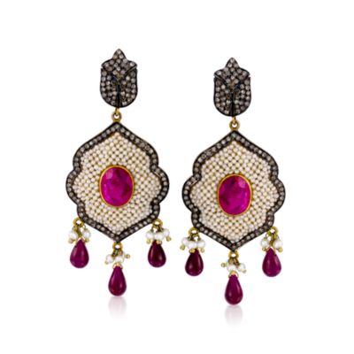 5.00 ct. t.w. Ruby and 1.30 ct. t.w. Diamond Earrings With Cultured Pearls In Two-Tone &mdash; Alt Image 1