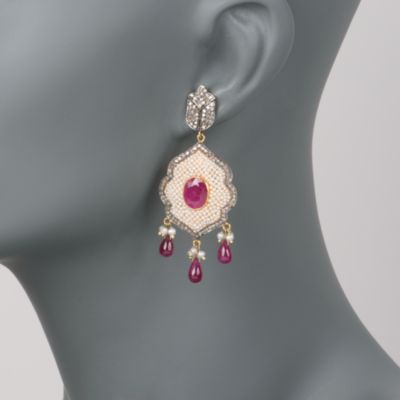 5.00 ct. t.w. Ruby and 1.30 ct. t.w. Diamond Earrings With Cultured Pearls In Two-Tone &mdash; Alt Image 2