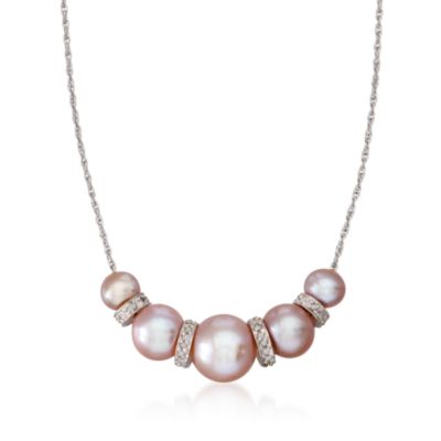 6-10mm Pink Cultured Pearl and .20 ct. t.w. Diamond Barrel Bead Necklace in Sterling Silver. 18" &mdash; Alt Image 1