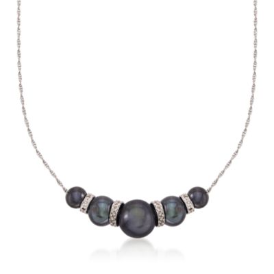 6-10mm Black Cultured Pearl and .20 ct. t.w. Diamond Barrel Bead Necklace in Sterling Silver. 18" &mdash; Alt Image 1