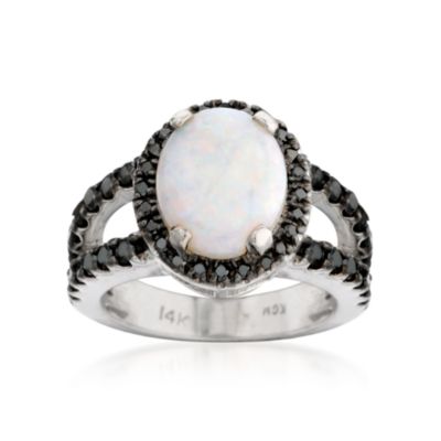 Opal and .75 ct. t.w. Black Diamond Ring In 14kt White Gold. Size 8 &mdash; Alt Image 1