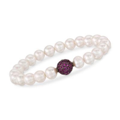 7.5-8mm Cultured Pearl and 1.75 ct. t.w. Pave Ruby Bead Bracelet in Sterling Silver With Black Rhodium. Adjustable Size &mdash; Alt Image 1
