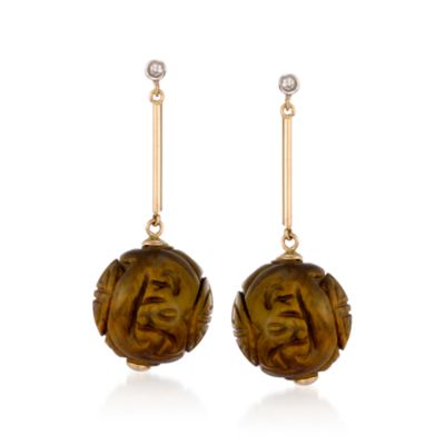 Carved Tiger's Eye Earrings In 14kt Yellow Gold With Diamonds &mdash; Alt Image 1