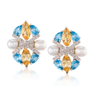 5.5-6mm Pearl and Multi-Gem Crisscross Earrings In Sterling Silver &mdash; Alt Image 1