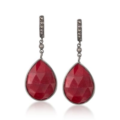 21.60 ct. t.w. Ruby Teardrop and .20 ct. t.w. Diamond Hoop Earrings in Sterling Silver &mdash; Alt Image 1