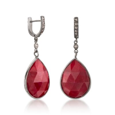 21.60 ct. t.w. Ruby Teardrop and .20 ct. t.w. Diamond Hoop Earrings in Sterling Silver &mdash; Alt Image 3