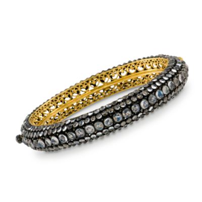 Moonstone and .10 ct. t.w. Diamond Bangle Bracelet In Sterling Silver and 18kt Yellow Gold. 8" &mdash; Alt Image 1