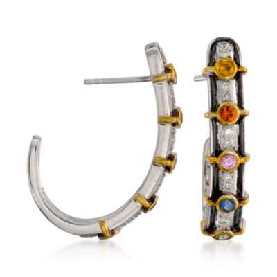 .75 ct. t.w. Multicolored Sapphire and .25 ct. t.w. Diamond J-Hoop Earrings In Sterling Silver &mdash; Alt Image 1