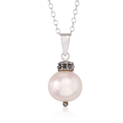 9-9.5mm South Sea Pearl Pendant Necklace With Diamonds in Sterling Silver. 18" &mdash; Alt Image 1
