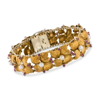 C. 1970 Vintage 1.70 ct. t.w. Ruby and 4mm Cultured Pearl Flower Bracelet in 18kt Yellow Gold. 7.5" &mdash; Alt Image 1