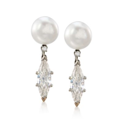 C. 1970 Vintage 9.5mm Cultured Pearl and 2.16 ct. t.w. Diamond Earrings In 14kt White Gold &mdash; Alt Image 1