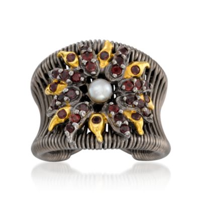 4.5mm Cultured Pearl and .80 ct. t.w. Garnet Sunburst Ring in Two-Tone &mdash; Alt Image 1
