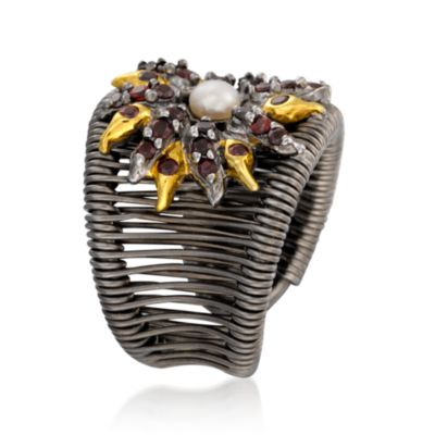 4.5mm Cultured Pearl and .80 ct. t.w. Garnet Sunburst Ring in Two-Tone &mdash; Alt Image 2