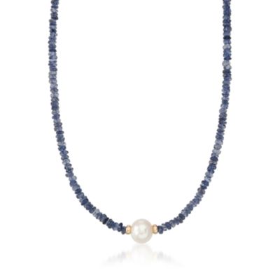 55.00 ct. t.w. Iolite Bead and 9.5-10.5mm Pearl Necklace in 14kt Yellow Gold &mdash; Alt Image 1
