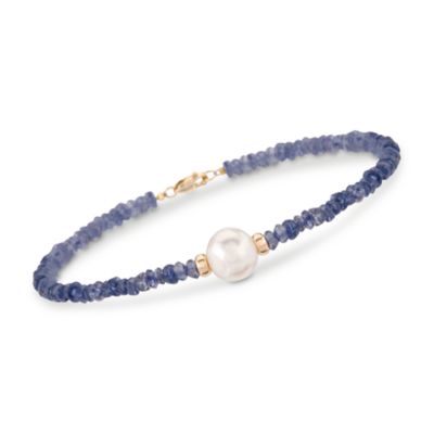 19.00 ct. t.w. Iolite Bead and 9.5-10.5mm Cultured Pearl Bracelet in 14kt Yellow Gold &mdash; Alt Image 1