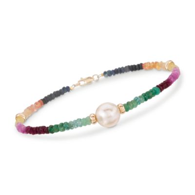 17.50 ct. t.w. Multicolored Sapphire and 9.5-10.5mm Cultured Pearl Bracelet in 14kt Yellow Gold &mdash; Alt Image 1