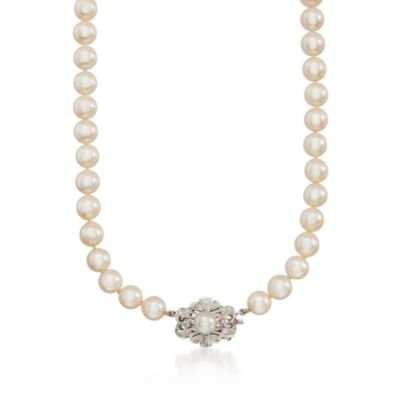 C. 1970 Vintage .30 ct. t.w. Diamond and 7.4mm Cultured Pearl Necklace In 14kt White Gold. 14.5" &mdash; Alt Image 1