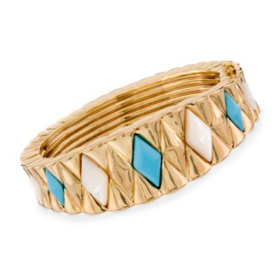 C.1970 Vintage Turquoise and Mother-Of-Pearl Bangle Bracelet In 14kt Yellow Gold. 6.75" &mdash; Alt Image 1
